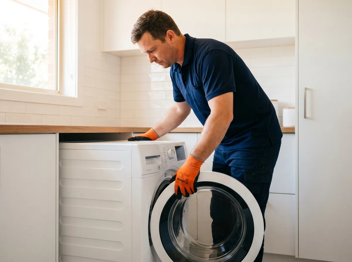 A technician installing a washing machine in a laundry